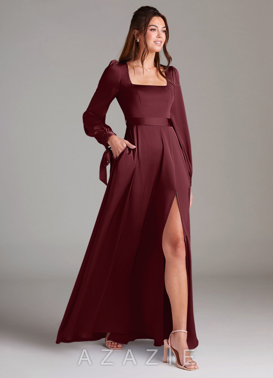 Azazie Leonia Cabernet A-Line Long Sleeve Stretch Satin Dress cabernet
