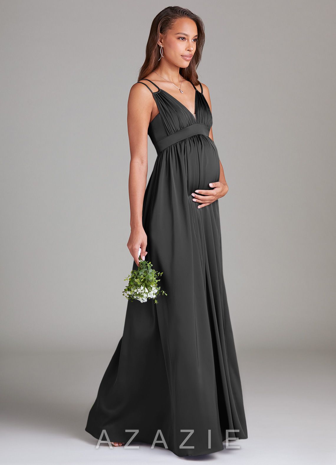 Azazie Emree A-Line Stretch Satin Floor-Length Dress with Pockets black