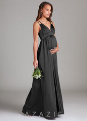 Azazie Emree A-Line Stretch Satin Floor-Length Dress with Pockets black