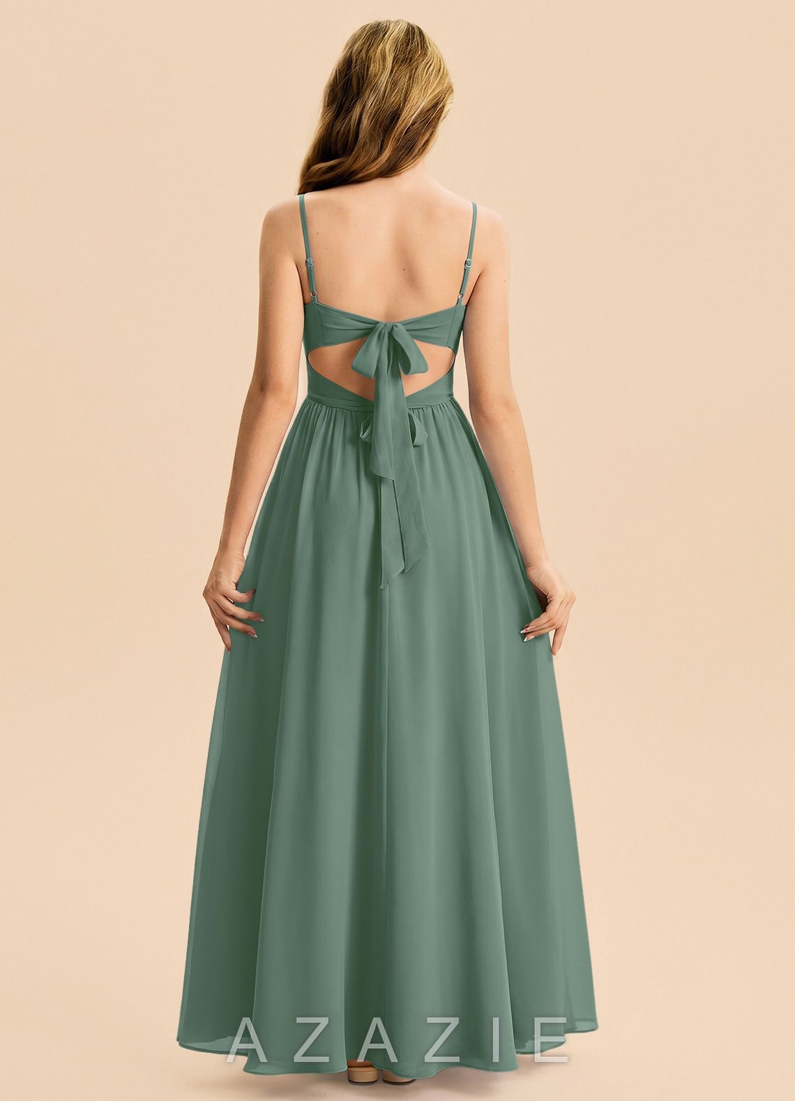 Azazie Zeya Junior Eucalyptus A-Line Chiffon Dress eucalyptus