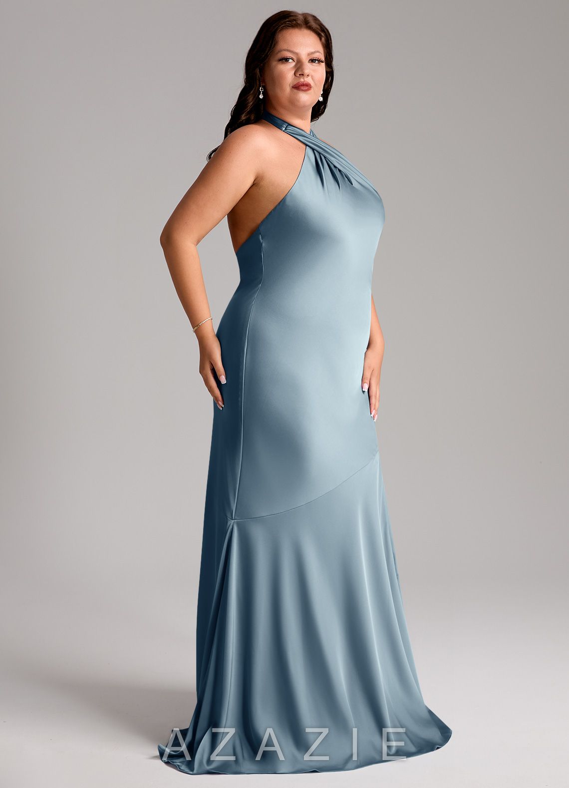 Azazie Lorena Dusty Blue Mermaid Pleated Stretch Satin Dress dusty_blue