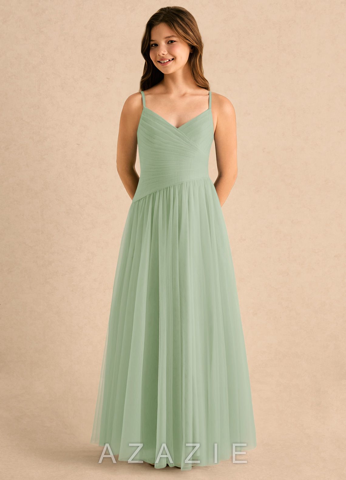 Azazie Poppy Girls Formal Dusty Sage A-Line Pleated Tulle Dress dusty_sage