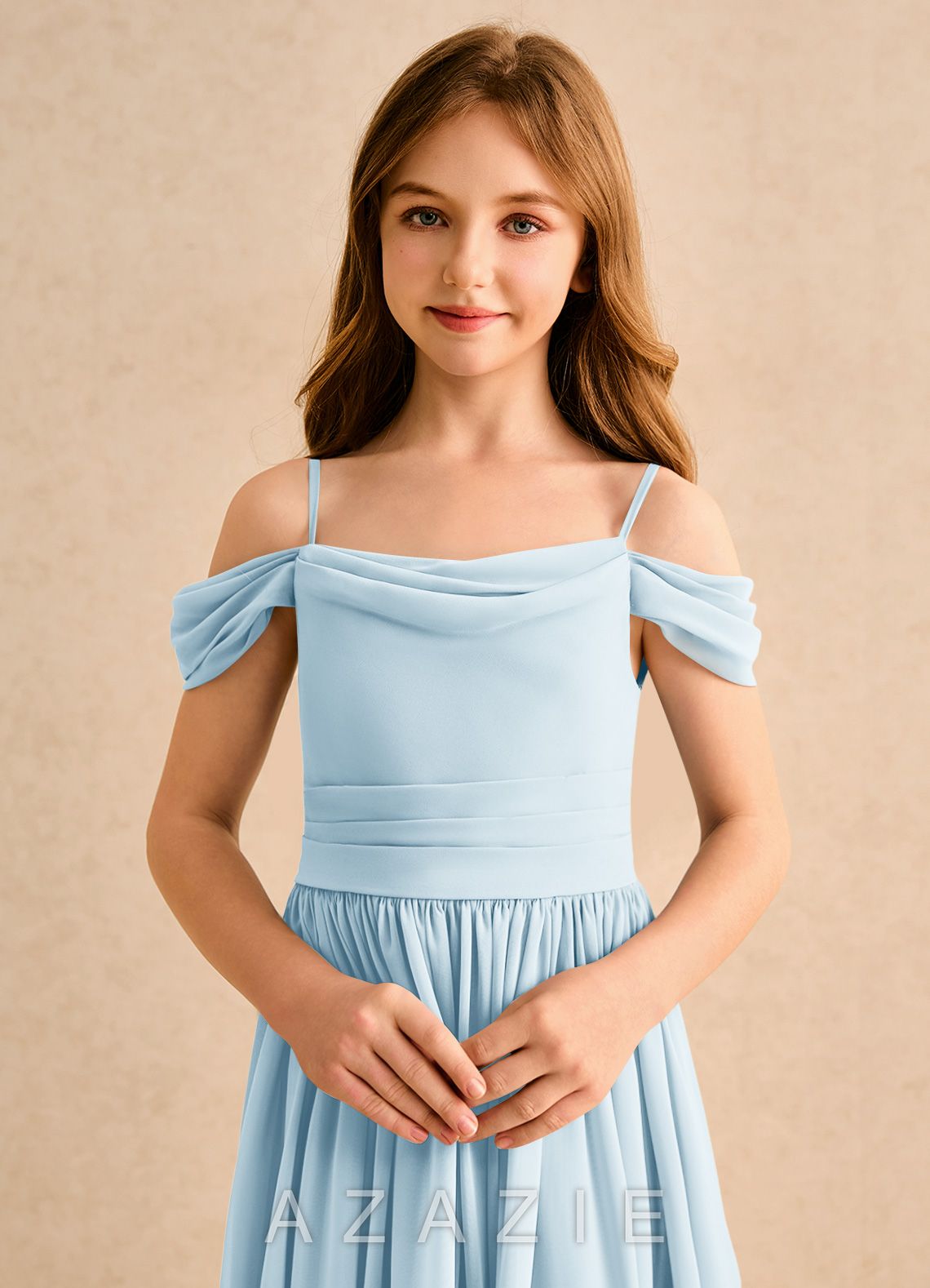 Azazie Shia Girls Formal Sky Blue A-Line Off the Shoulder Chiffon Dress sky_blue