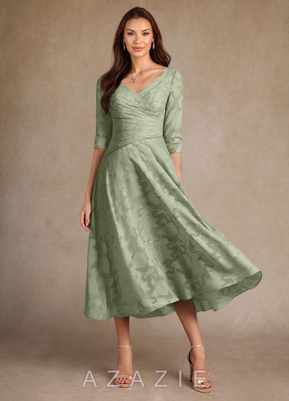 Azazie Durant Agave A-Line Pleated Floral Burnout Dress agave