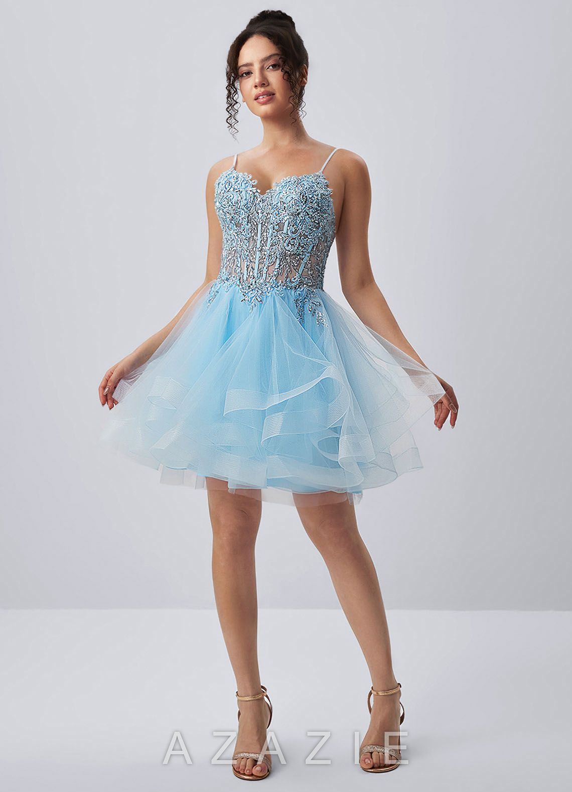 Katia Sky Blue Spaghetti Strap Tulle Lace-Up Mini Dress
