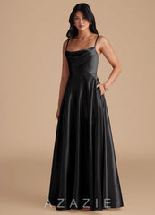 Azazie Elle Black A-Line with Pockets Metallic Satin Dress