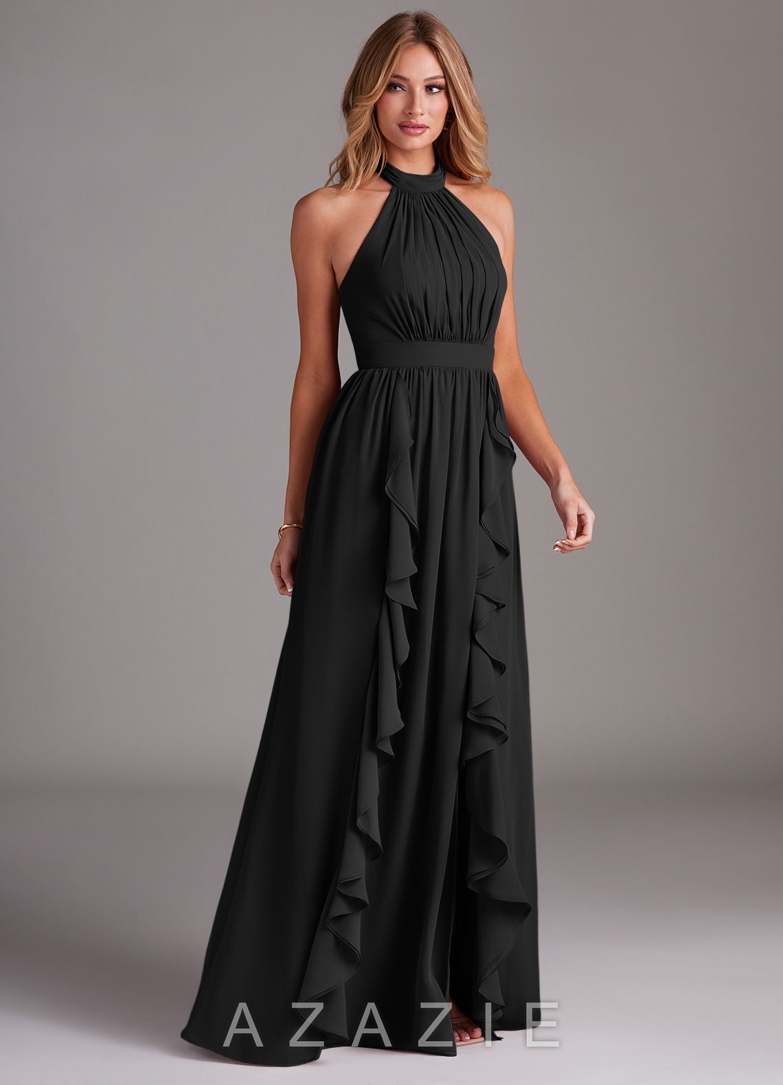 Azazie Avary Black A-Line Pleated Chiffon Dress black