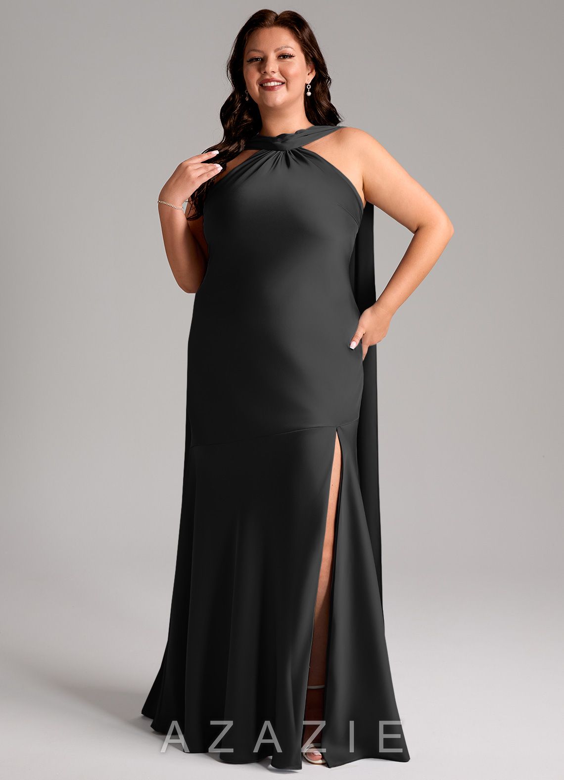 Azazie Kinsley Black Mermaid Side Slit Stretch Satin Dress black