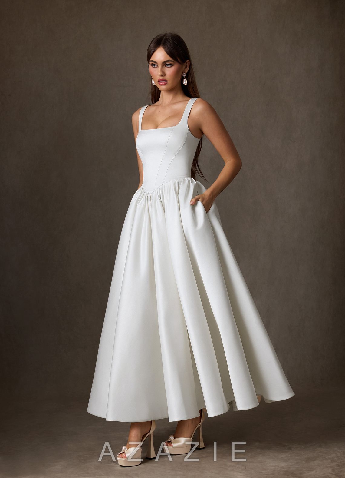 Azazie Verina Diamond White A-Line with Pockets Satin Dress