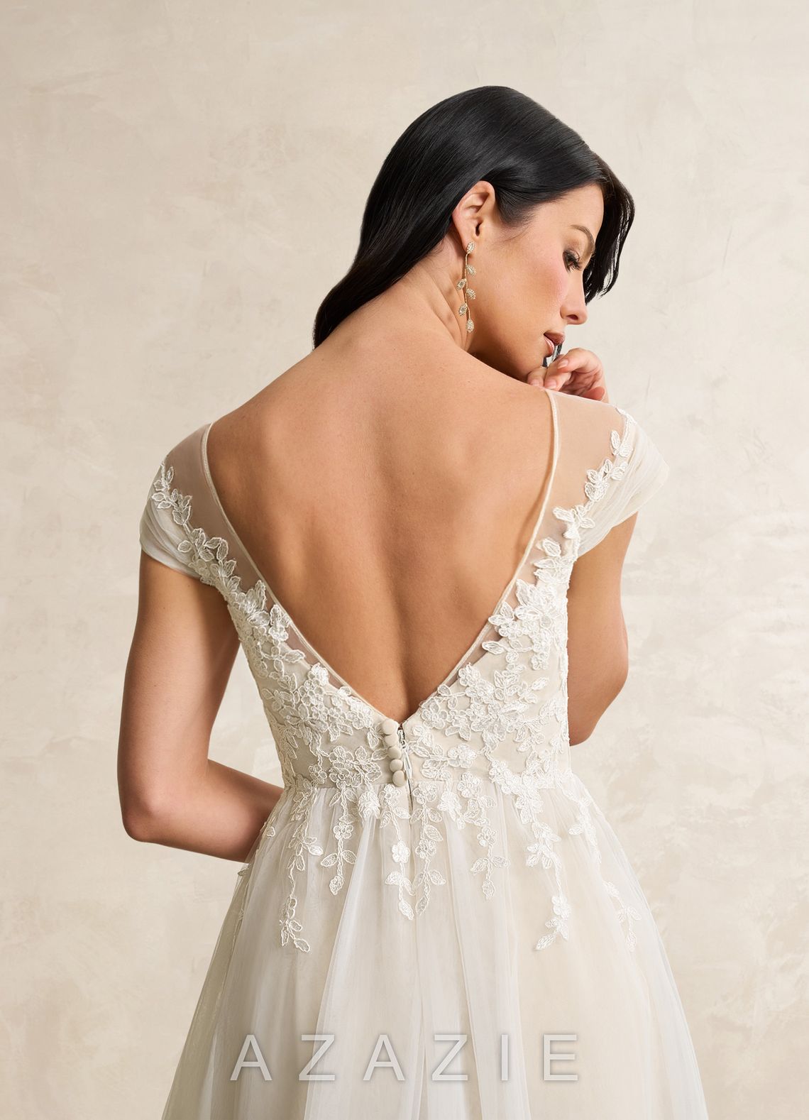 Azazie Bellisima Wedding Dress Diamond White Champagne A-Line V-Neck Tulle Dress diamond_white/champagne