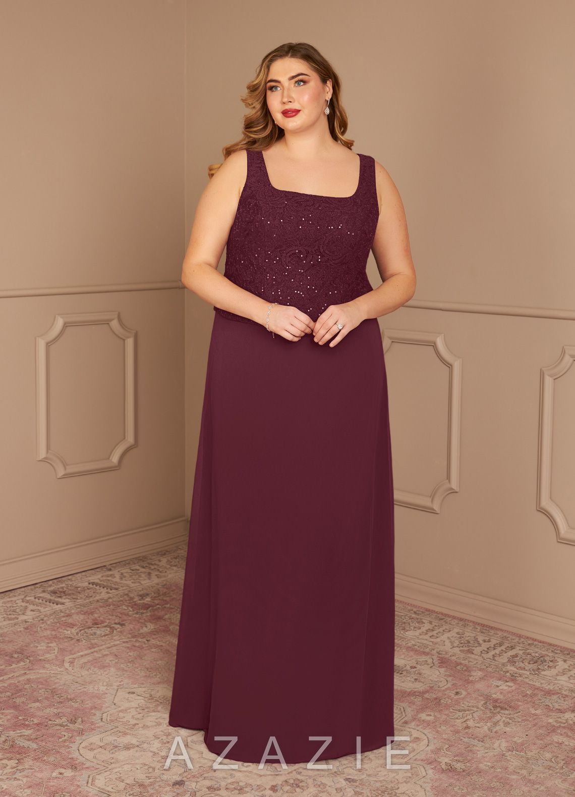 Azazie Cornelia Cabernet Sheath Square Neckline Sequins Chiffon Dress cabernet