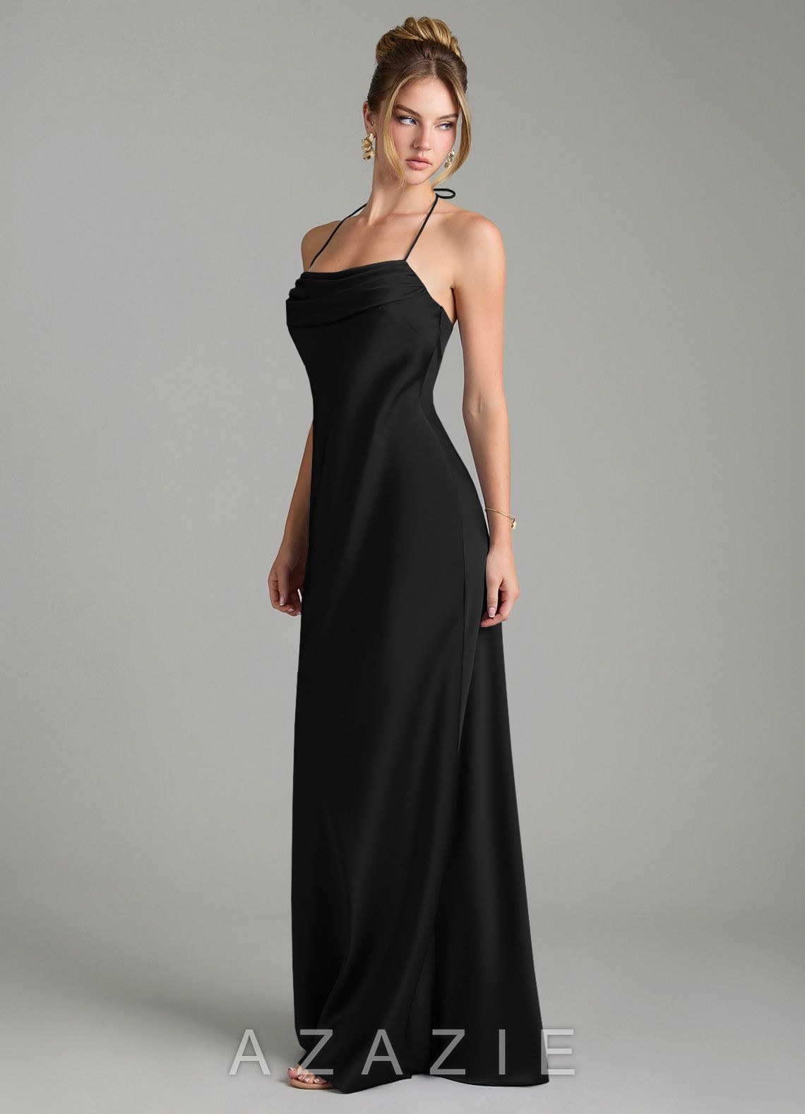Azazie Mae Black Mermaid Pleated Stretch Satin Dress black
