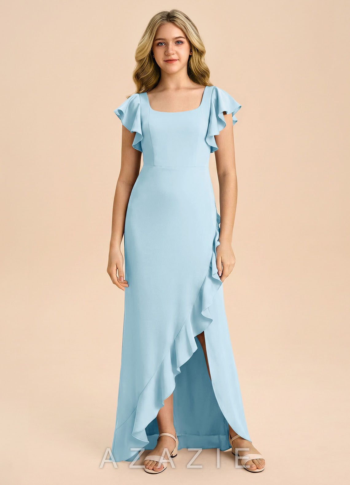 Azazie Demi Junior Sky Blue Mermaid Bow Stretch Satin Dress sky_blue