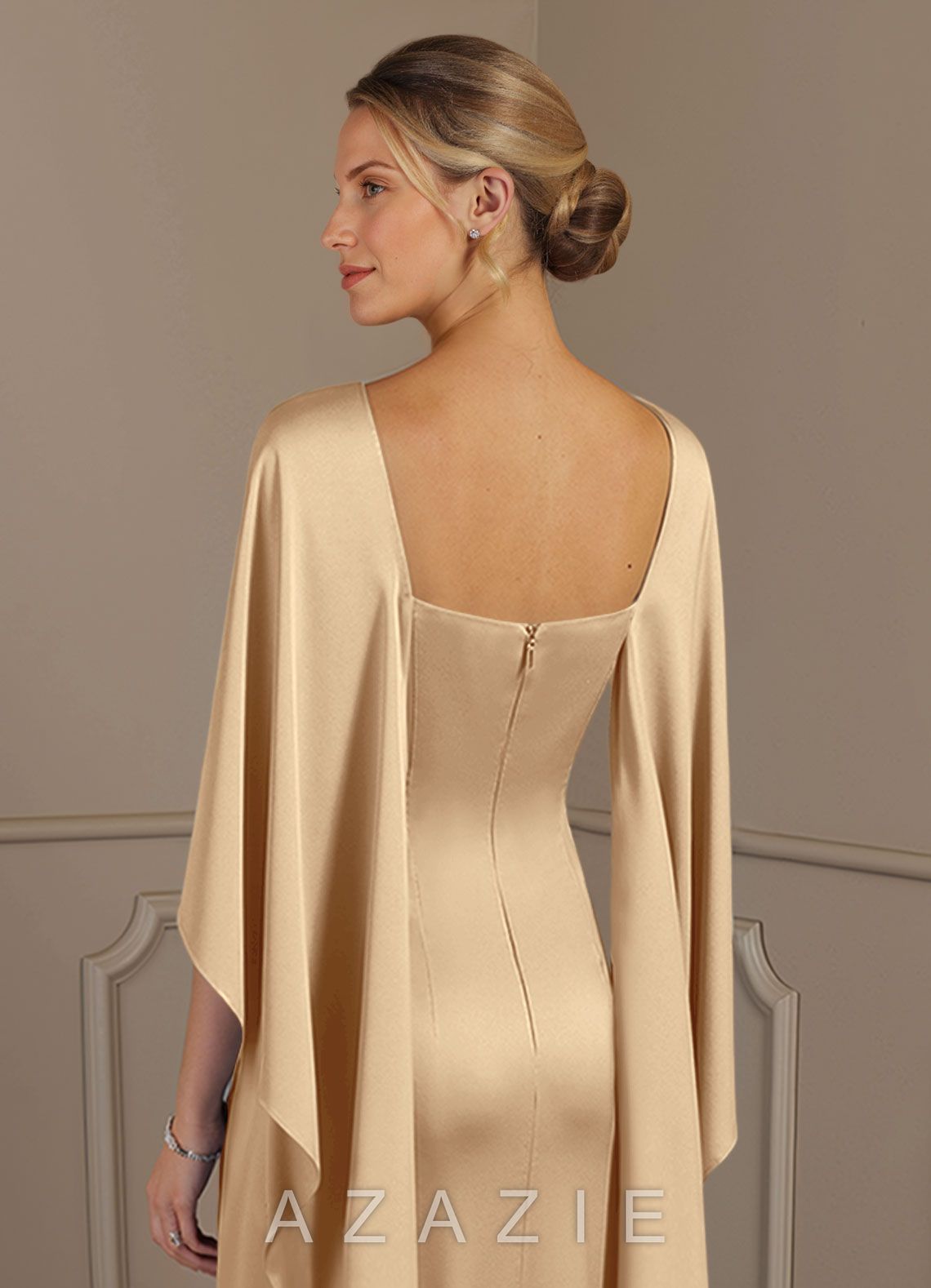 Azazie Eli Champagne Sheath Boatneck Stretch Satin Dress champagne