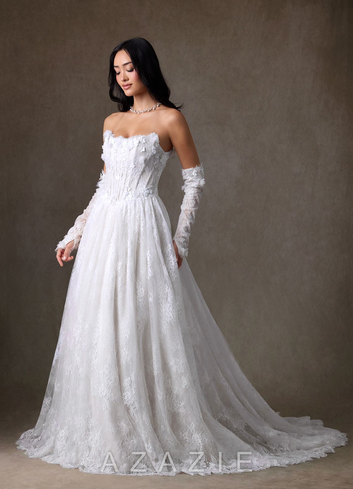Azazie Vanessa Diamond White Ball-Gown Strapless Lace Dress diamond_white