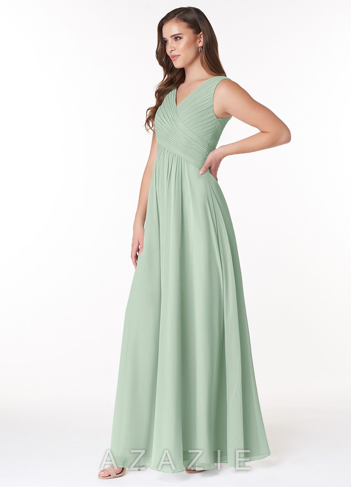 Azazie Flora Agave A-Line Pleated Chiffon Dress agave