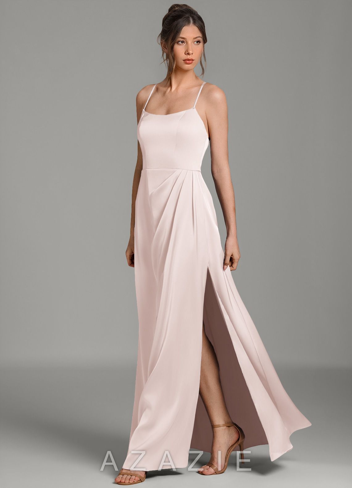 Azazie Frankie Blushing Pink A-Line Pleated Stretch Satin Dress blushing_pink