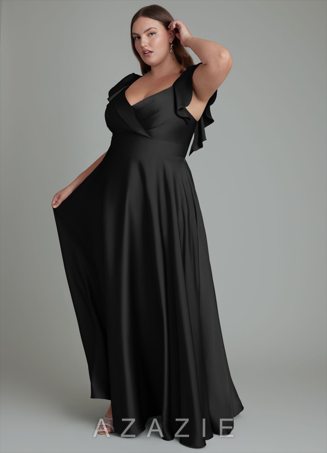 Azazie Leilani Black A-Line Ruched Stretch Satin Dress black