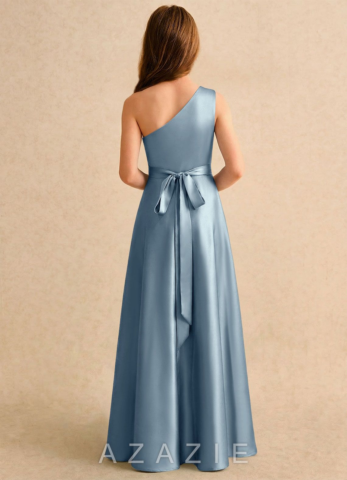 Azazie Puddles Girls Formal Dusty Blue A-Line One Shoulder Stretch Satin Dress dusty_blue