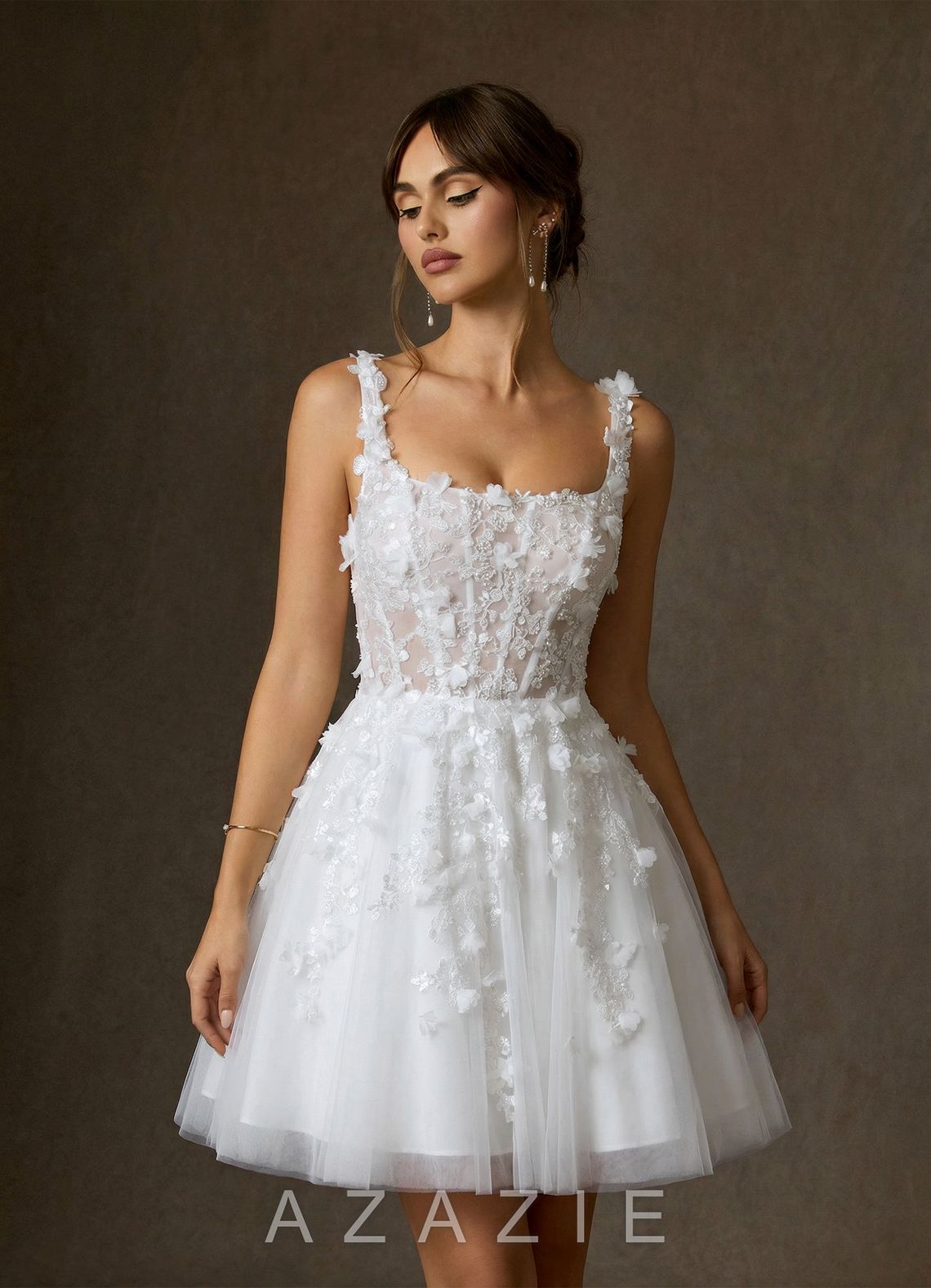 Azazie Sabine Diamond White A-Line Square Neckline Lace Dress