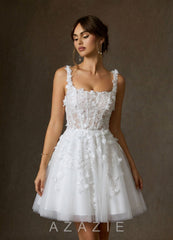 Azazie Sabine Diamond White A-Line Square Neckline Lace Dress