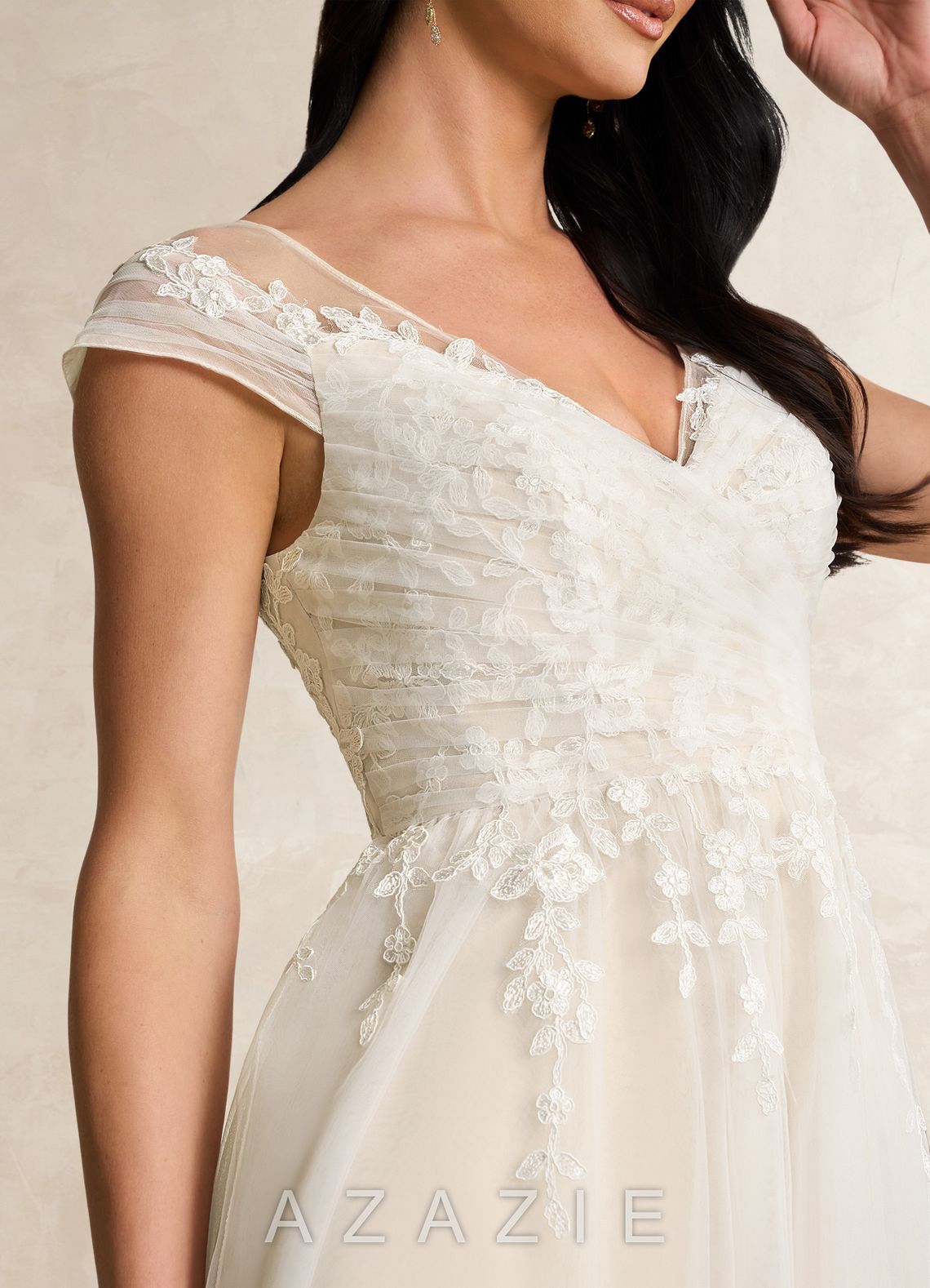 Azazie Bellisima Wedding Dress Diamond White Champagne A-Line V-Neck Tulle Dress diamond_white/champagne