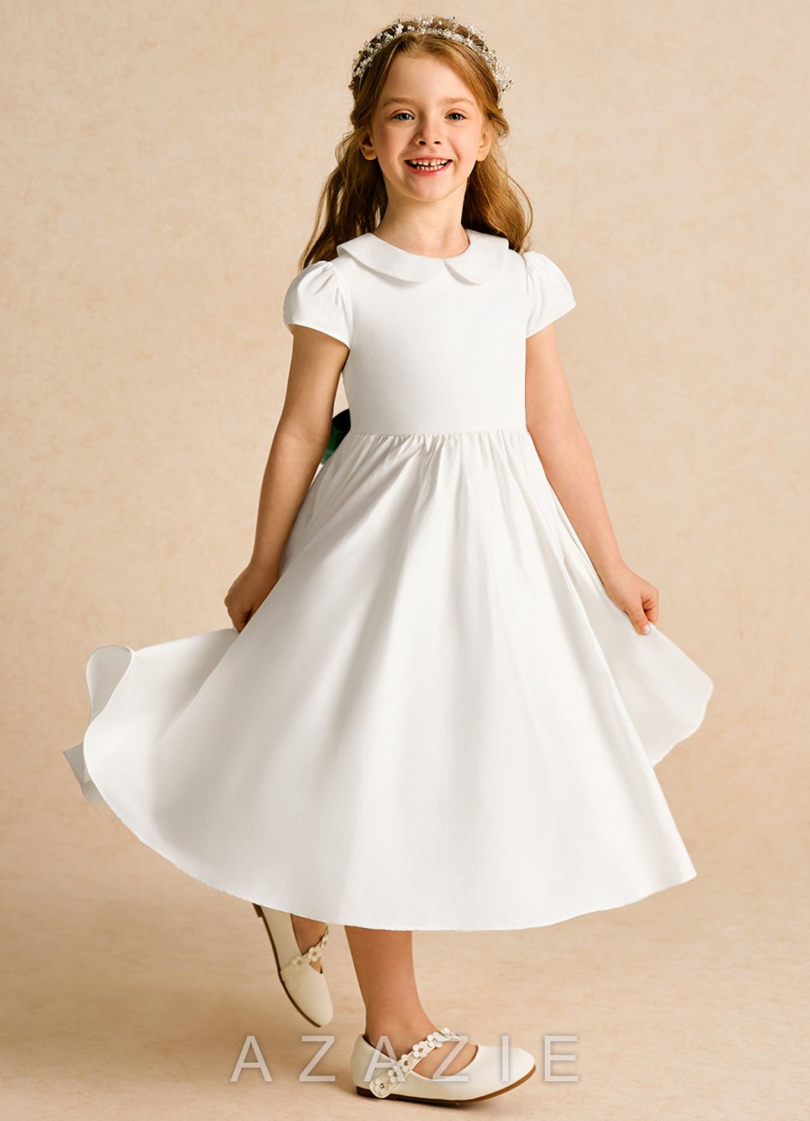 Azazie Deary Ivory Agave A-Line Bow Cotton Dress ivory/agave