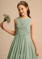 Azazie Ducky Girls Formal Dusty Sage A-Line Pleated Chiffon Dress dusty_sage