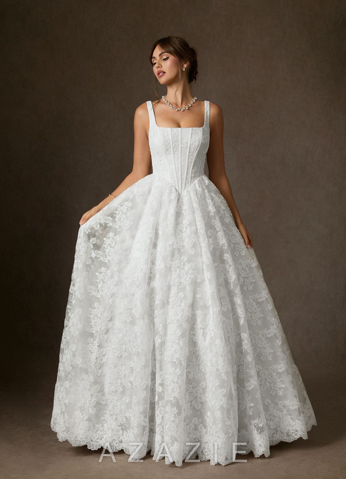 Azazie Geneva Diamond White Ball-Gown Square Neckline Lace Dress diamond_white