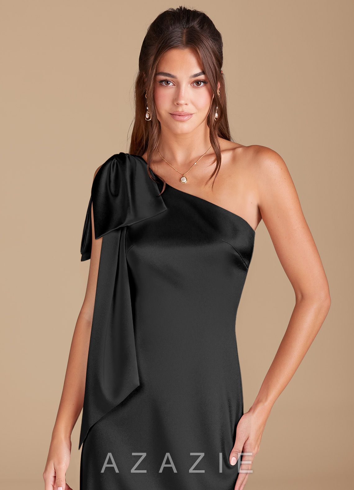 Azazie Capri Black Sheath One Shoulder Metallic Satin Dress black