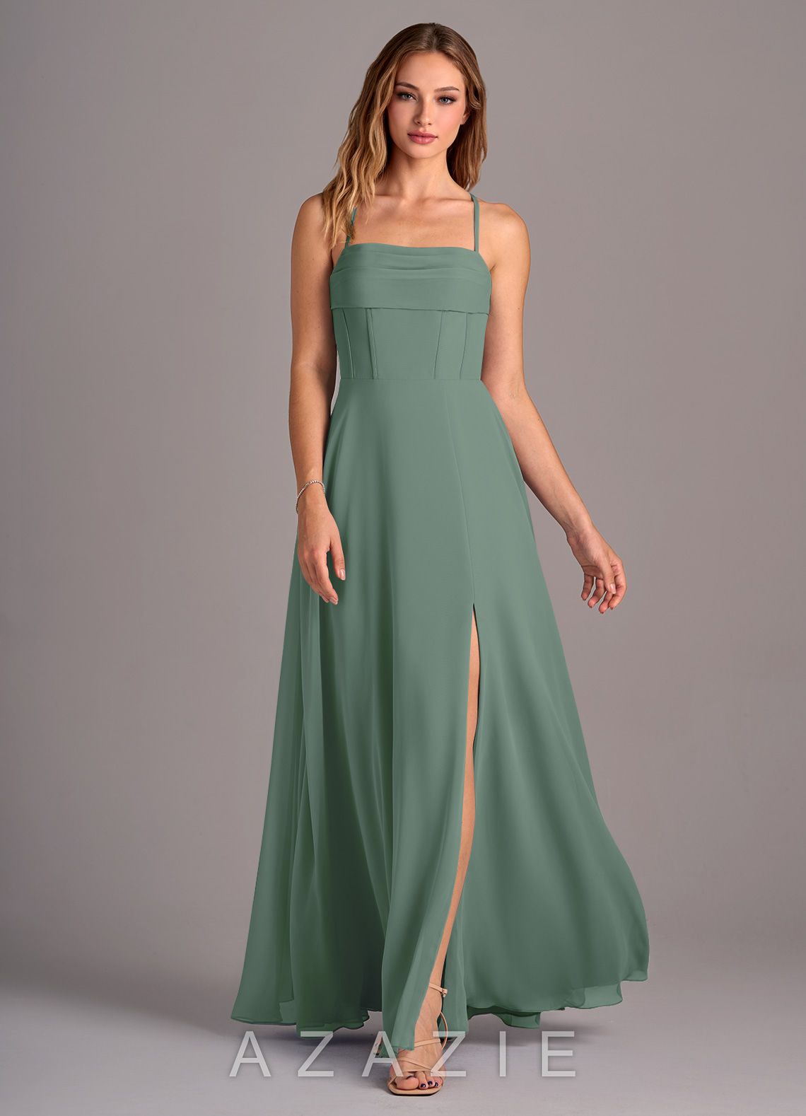 Azazie Carolyn Eucalyptus A-Line Pleated Chiffon Dress eucalyptus