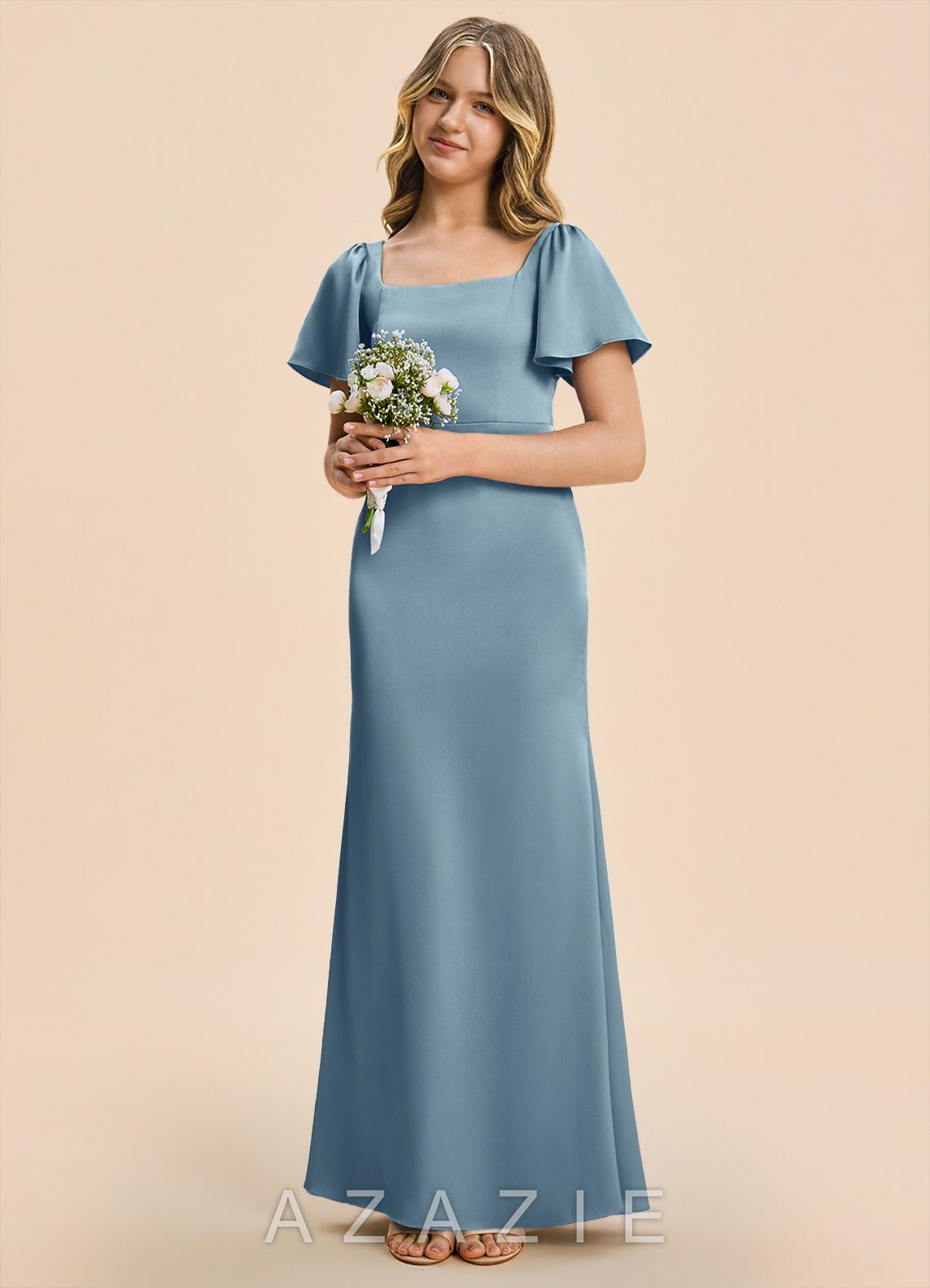 Azazie Chace Junior Dusty Blue Sheath Stretch Satin Dress dusty_blue