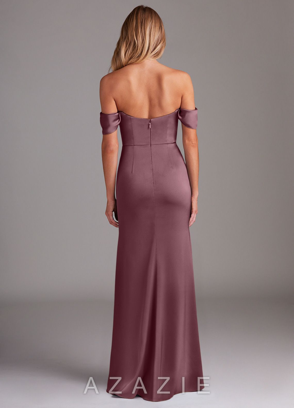 Azazie Saige Amethyst Sheath Off the Shoulder Stretch Satin Dress amethyst
