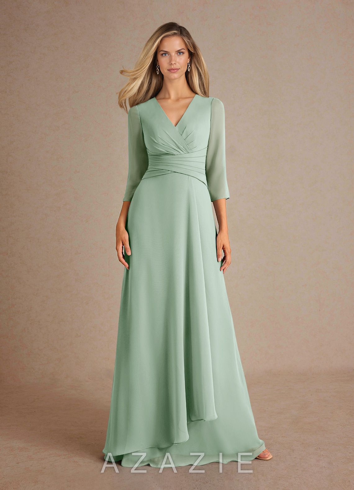Azazie Mayfield Agave A-Line Pleated Chiffon Dress agave