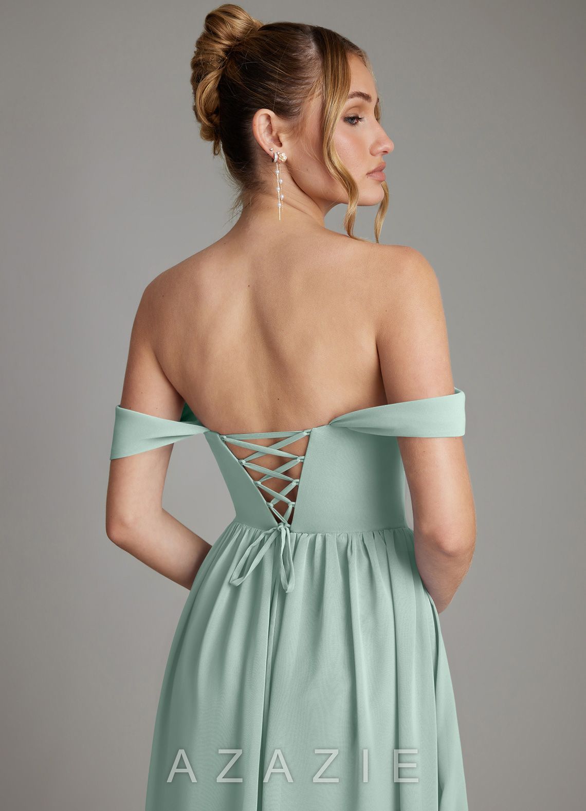 Azazie Caterina Agave A-Line Corset Chiffon Dress agave