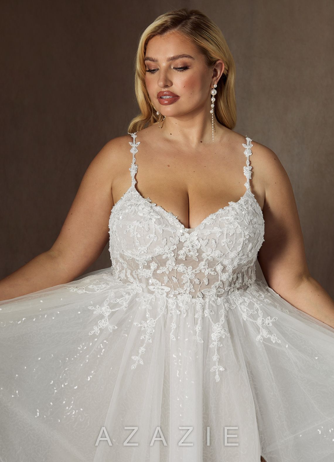Azazie Florian Wedding Dress Diamond White A-Line V-Neck Sequins Tulle Dress diamond_white