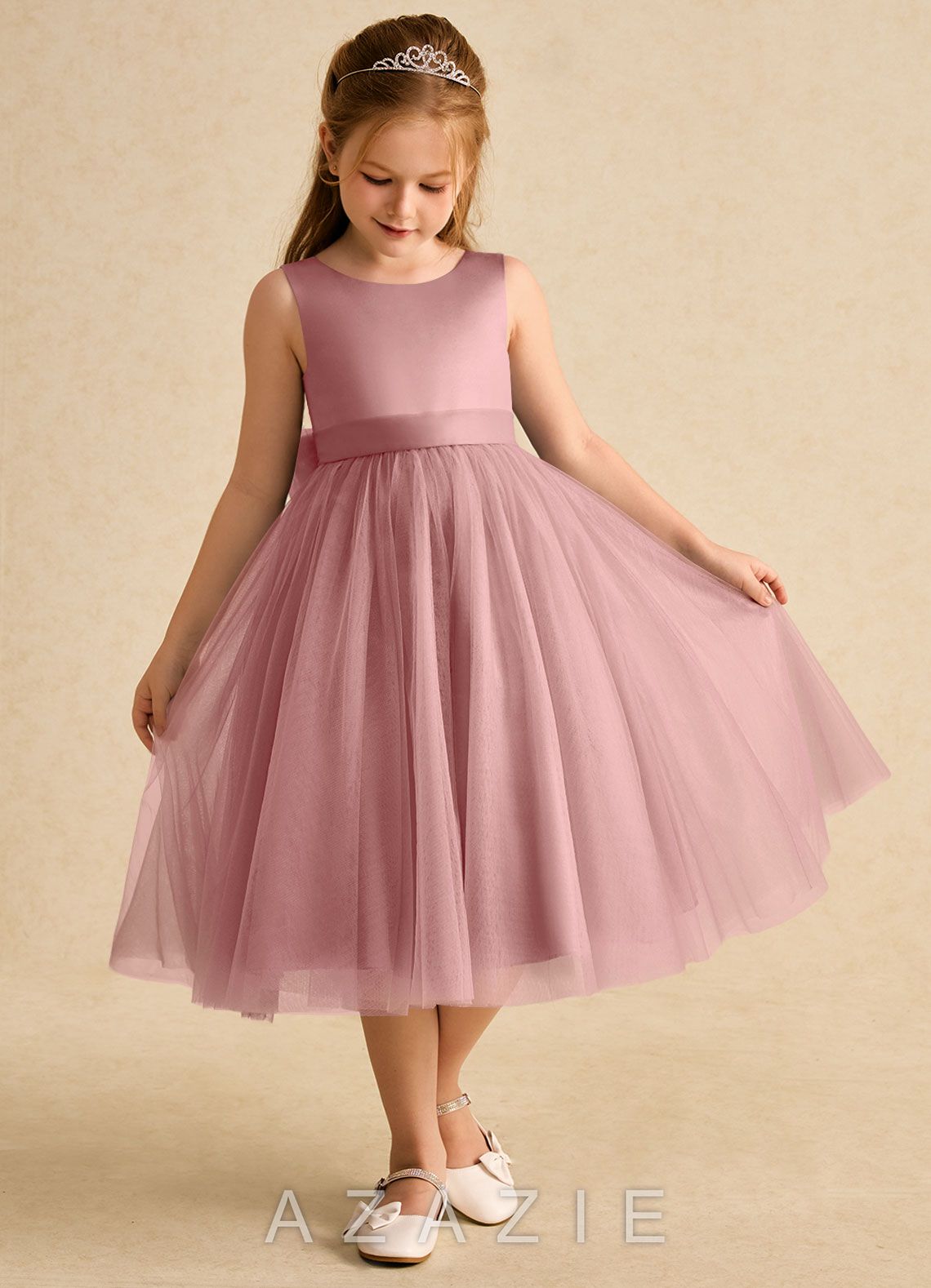 Azazie Winnie Dusty Rose Ball-Gown Bow Tulle Dress dusty_rose