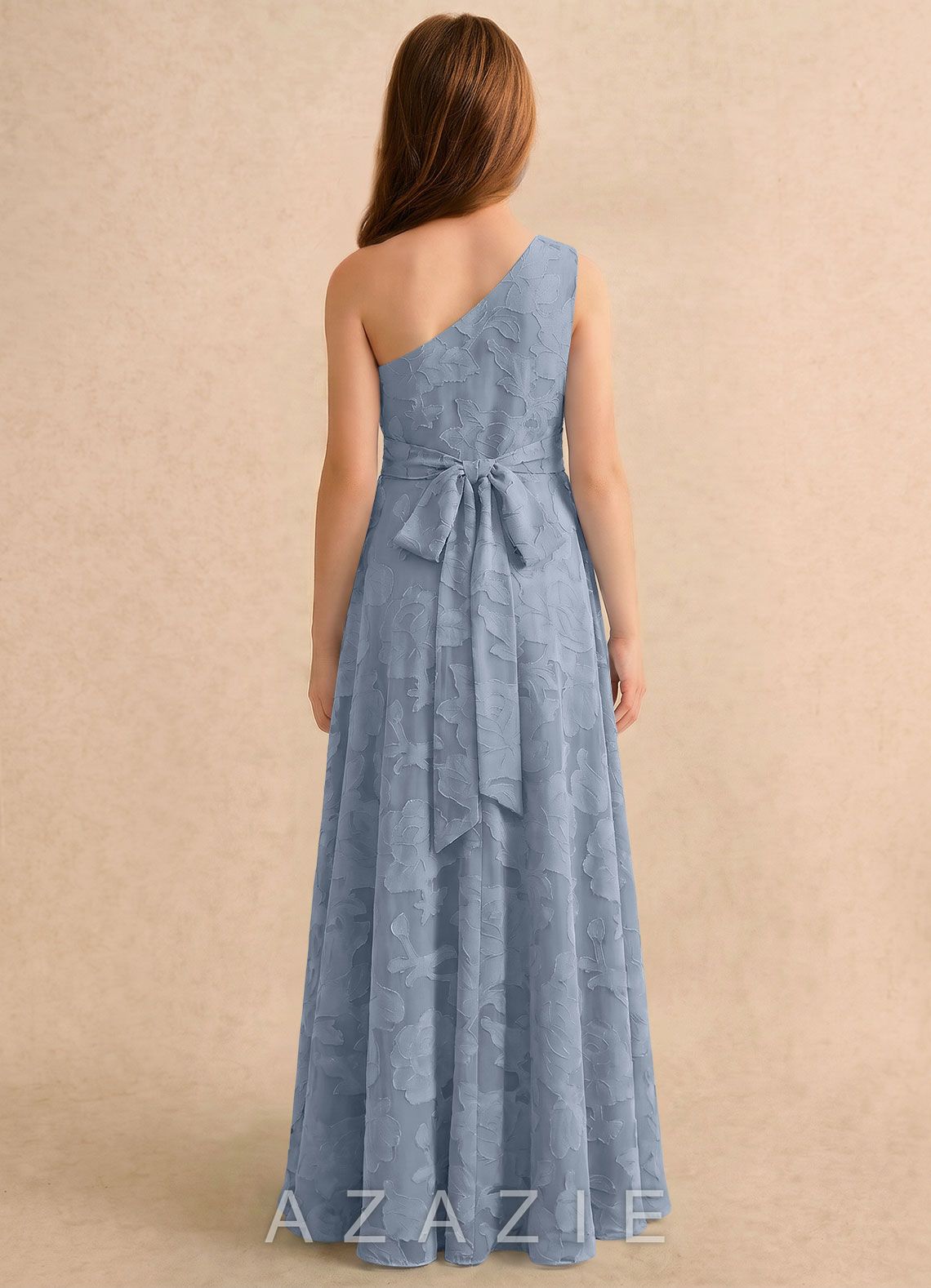Azazie Pudles Girls Formal Dusty Blue A-Line One Shoulder Floral Burnout Dress