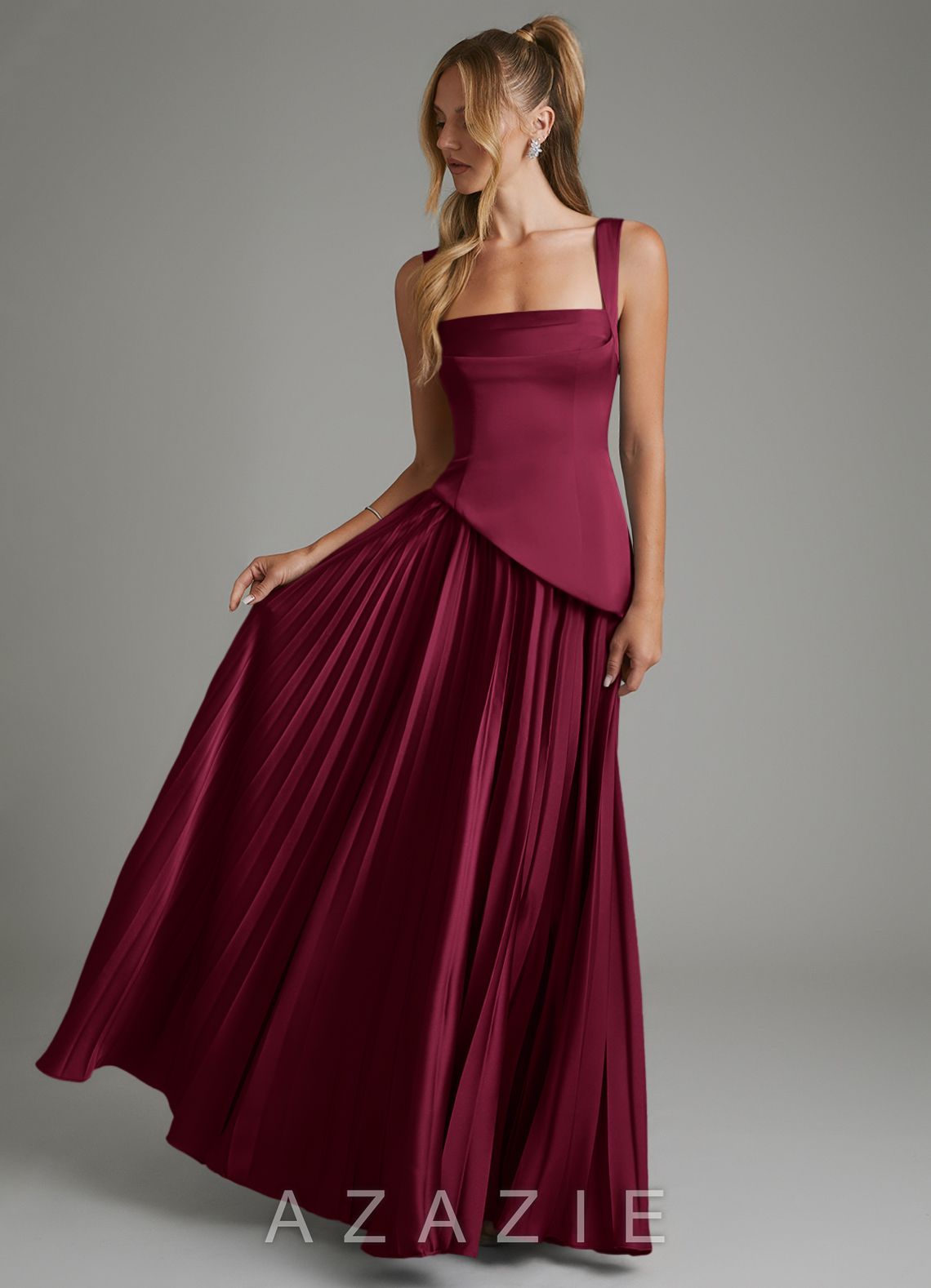Azazie Stephanie Burgundy A-Line Corset Stretch Satin Dress burgundy