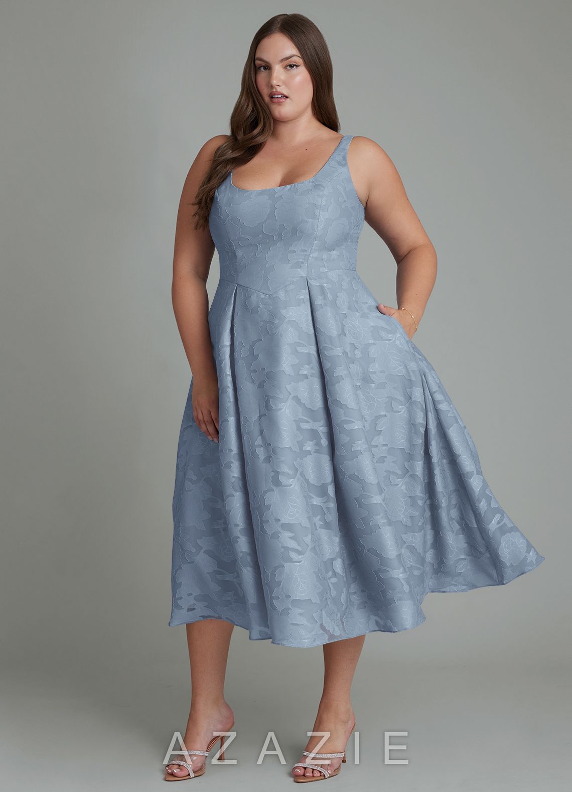 Azazie Amalie Dusty Blue A-Line Pleated Floral Burnout Dress dusty_blue