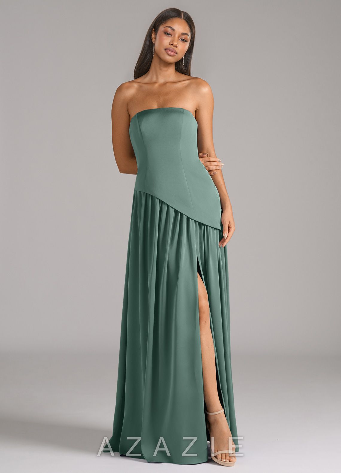 Azazie Adeline Eucalyptus A-Line Strapless Stretch Satin Convertible Dress eucalyptus