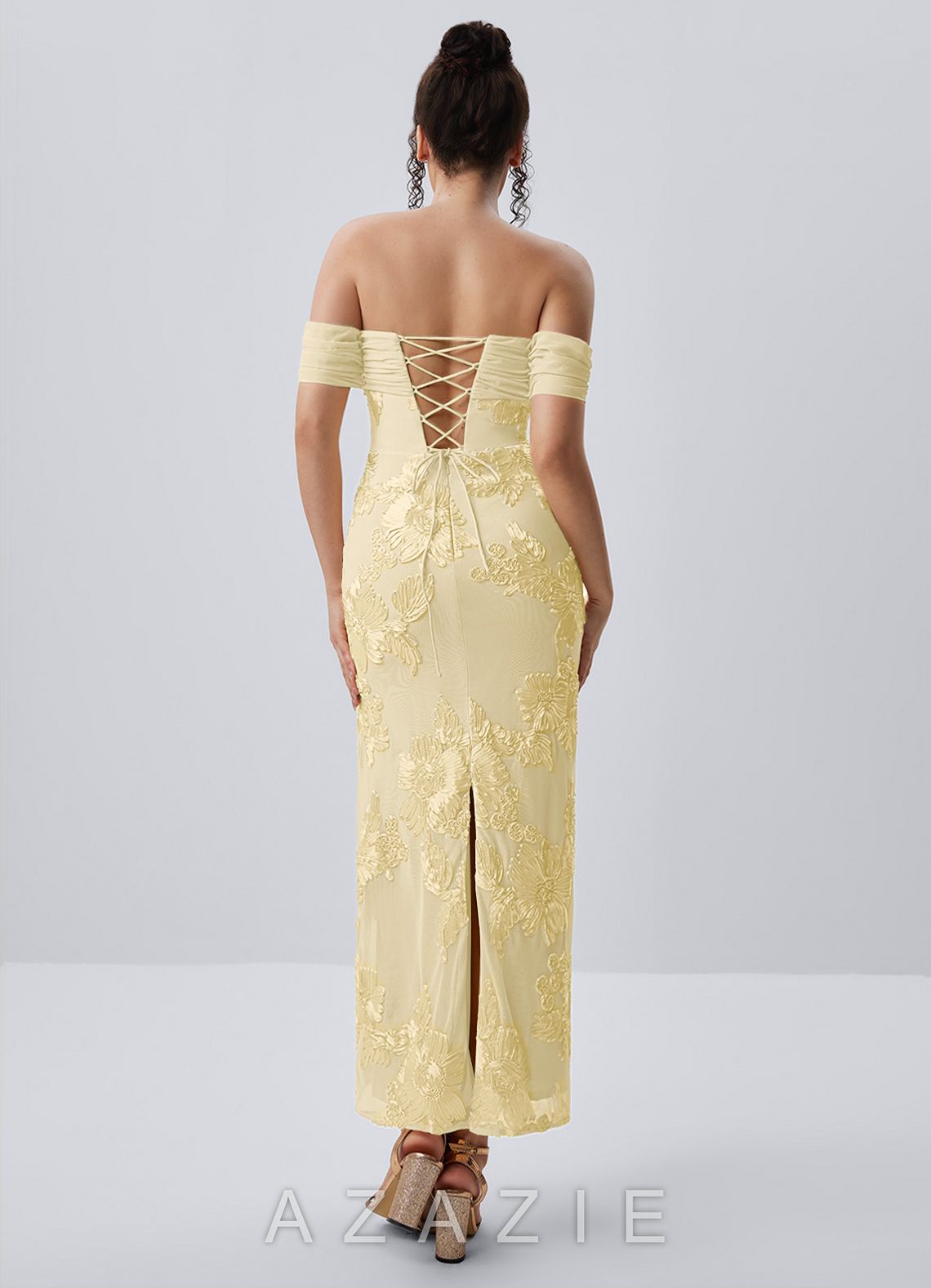 Berenice Lemon Sorbet 3D Floral Lace Off Shoulder Maxi Dress