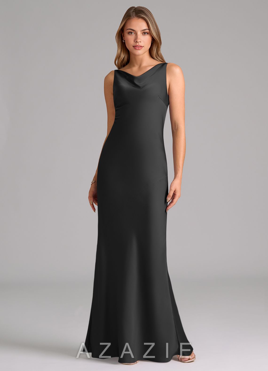 Azazie Allettie Black Mermaid Stretch Satin Dress black
