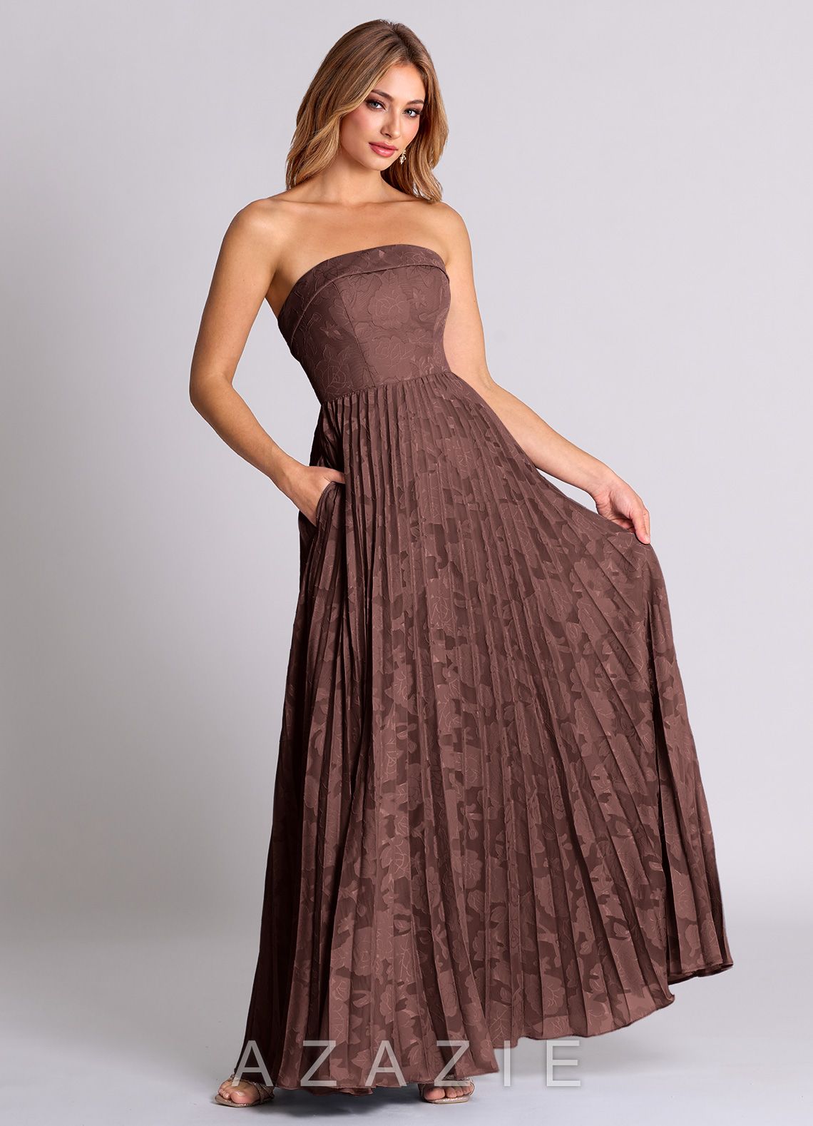 Azazie Mariana Espresso A-Line Strapless Floral Burnout Convertible Dress espresso