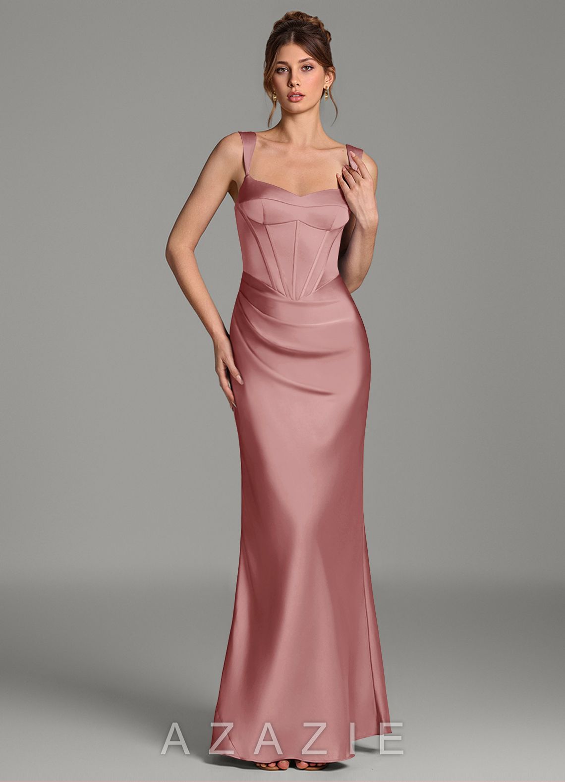 Azazie Mela Dusty Rose Sheath Corset Stretch Satin Dress dusty_rose