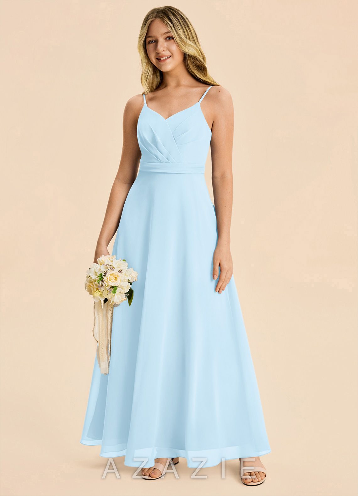 Azazie Tenzly Junior Sky Blue A-Line Pleated Chiffon Dress sky_blue