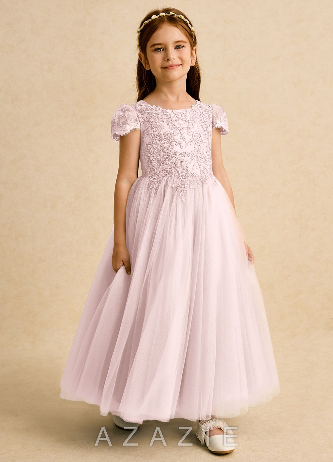 Azazie Puff Blushing Pink Ball-Gown Lace Tulle Dress blushing_pink