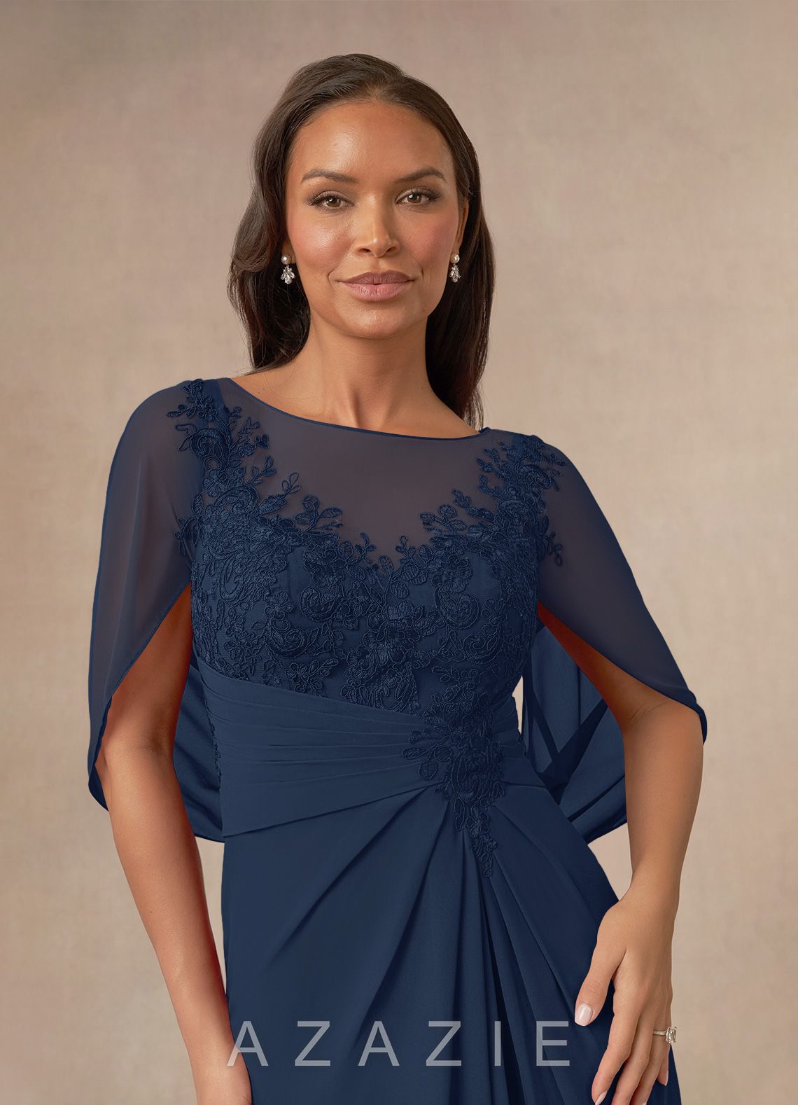 Azazie Hera Dark Navy A-Line Lace Capelet Chiffon Dress dark_navy