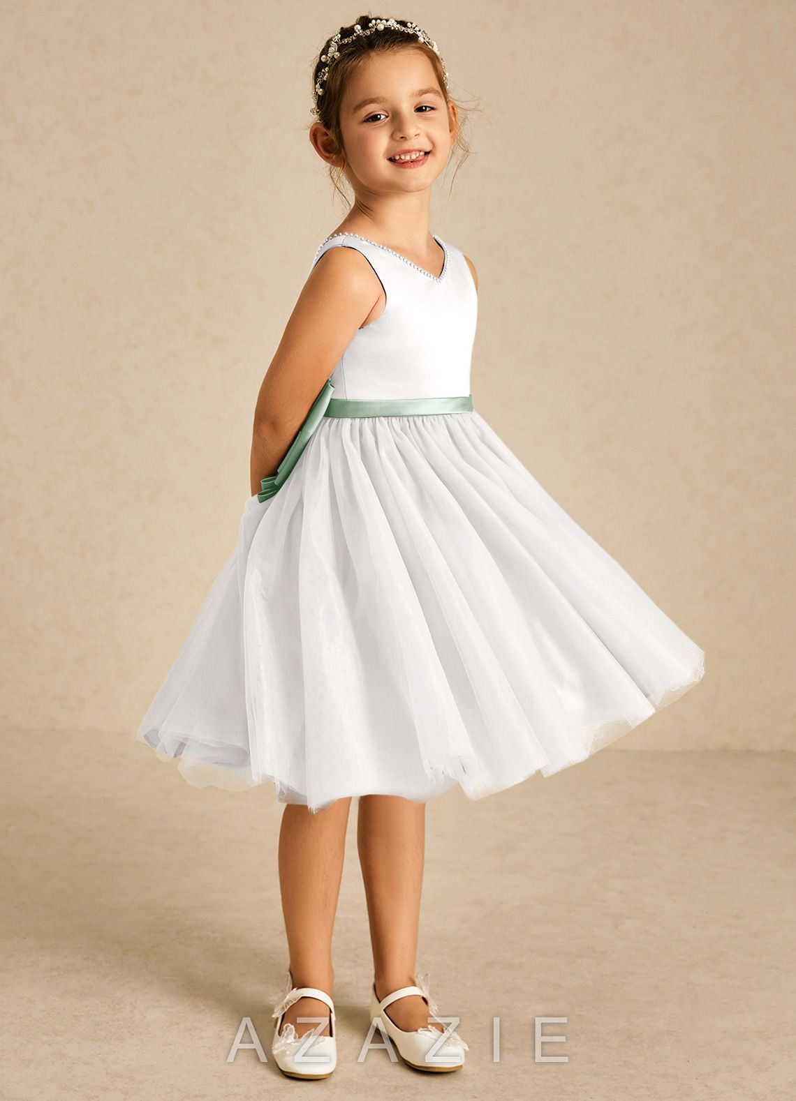 Azazie Seline Ivory Agave A-Line Bow Tulle Dress ivory/agave