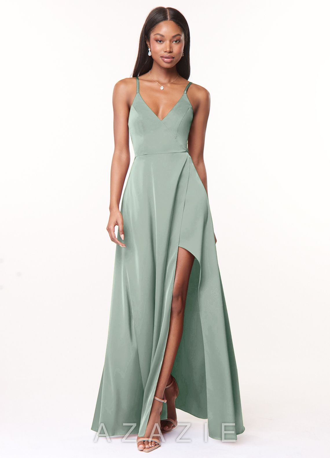Azazie Maksim Agave A-Line V-Neck Stretch Satin Dress